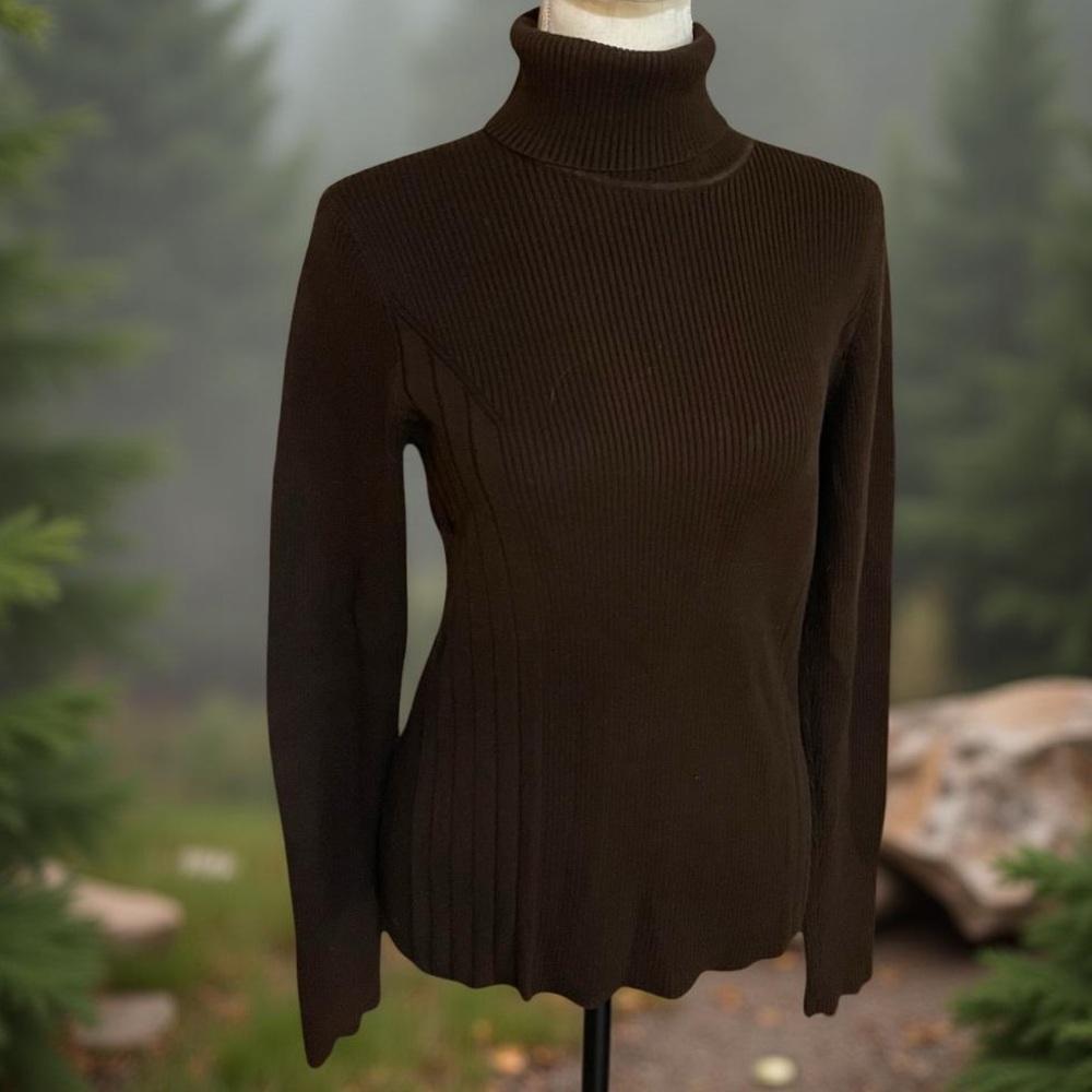 Unbranded chocolate brown ribbed design turtleneck sweater stretch size small - Picture 2 of 16